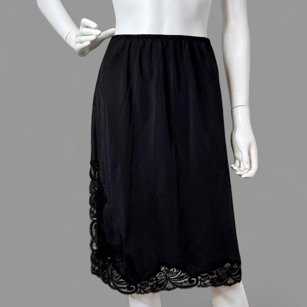Vintage Black Lace Trim Half Slip Skirt High Side Slit Lingerie Underwear